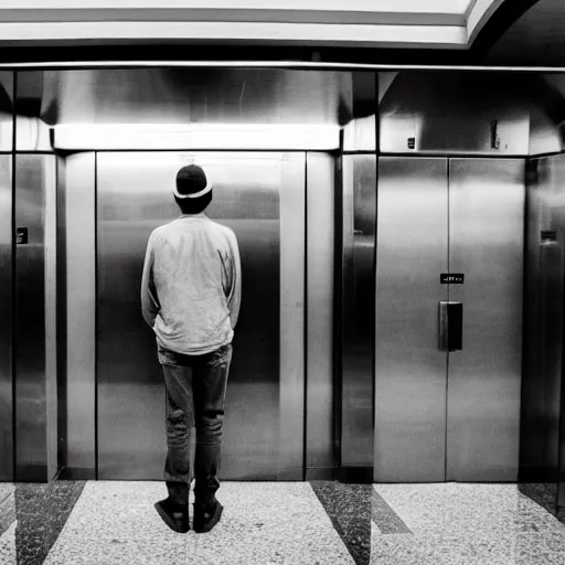 Prompt: a man in an elevator that moves horizontally and vertically