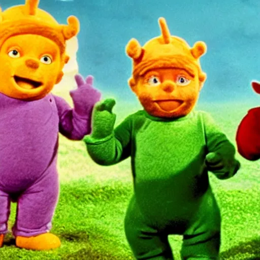 Image similar to movie still of harrison ford in teletubbies