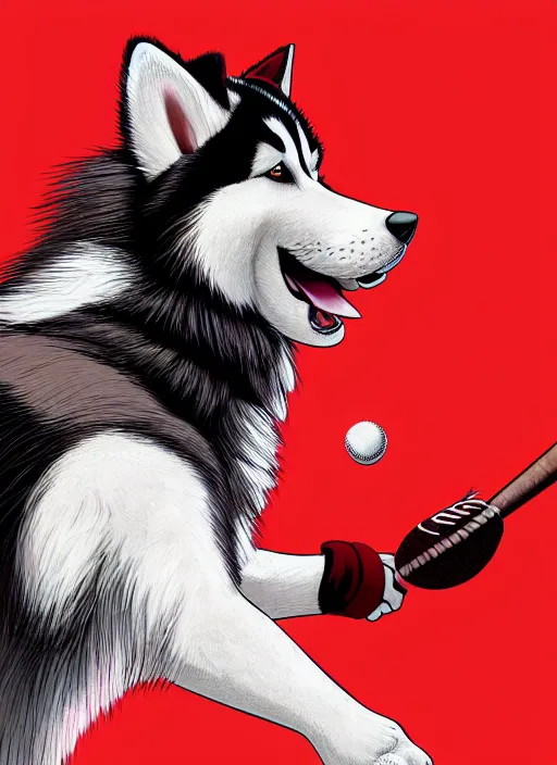 Prompt: commissioned full body portrait of a male anthro aslakan malamute with red fur playing baseball in a baseball stadium wearing a baseball uniform, by a professional manga illustrator, by Kilian Eng, by Sandra Chevrier, trending on artstation