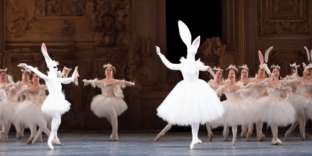 Prompt: a bunny balerina dancing the black swan on the stage of the opera garnier