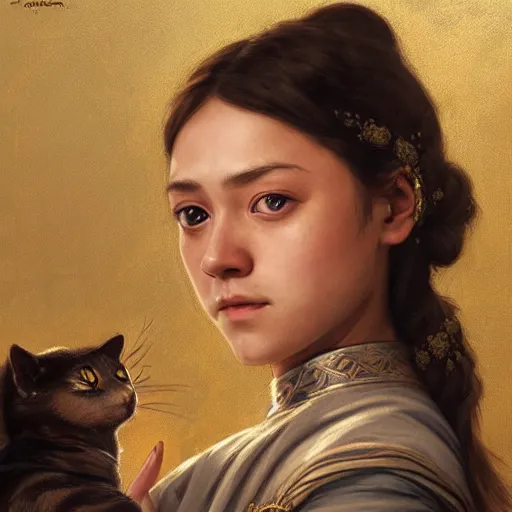 Prompt: Portrait of arya stark as javanese princess kissing a cat, elegant, digital painting, highly detailed, fantasy, artstation, concept art, smooth, sharp focus, illustration, art by William-Adolphe Bouguereau and artgerm and greg rutkowski and alphonse mucha