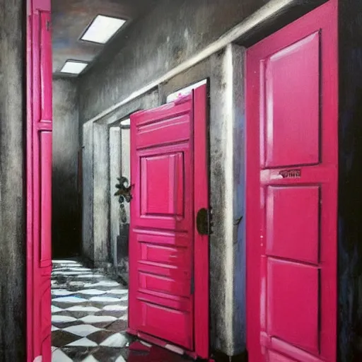 Image similar to diego dayer, hyperrealistic surrealism, award winning masterpiece with incredible details, a surreal vaporwave painting of bright pink door leading to nowhere, mirrors everywhere, highly detailed, hallway with black and white checkered floor, intricate, elegant