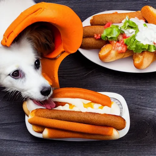 Image similar to photo of a white dog eating a chili dog with cheese, 50mm, beautiful photo