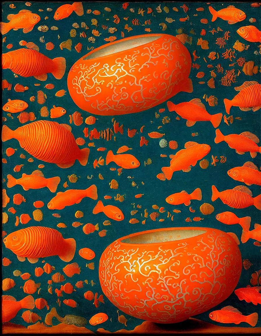 Image similar to transparent vase of coral in the sky and under the sea decorated with a dense field of stylized scrolls that have opaque orange outlines, with colorful shells and orange fishes, ambrosius benson, oil on canvas, hyperrealism, light color, no hard shadow, around the edges there are no objects