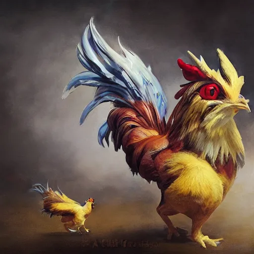 Image similar to expressive oil painting of ( ( ( rooster ) ) ) pikachu chimera, by jean - baptiste monge, octane render by yoshitaka amano, by greg rutkowski, by artgerm