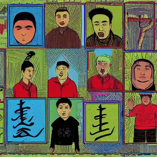 Image similar to uyghurs behind bars, in the style of daniel johnston and outsider art, 4k, overlaid with chinese text