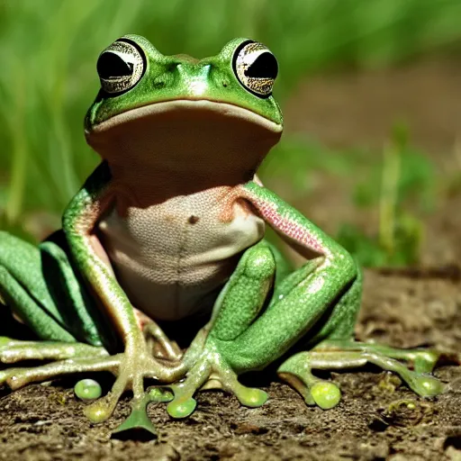 Prompt: An old photo of a sophisticated frog in a nice suit, he is totally lost in a field, hands in pockets