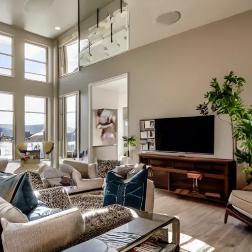 Image similar to a real estate home interior photo. a mirror reality in the living room.