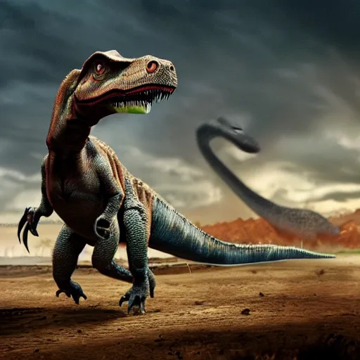 Prompt: hyperrealistic!! Dinosaur journalist announcing the apocalypse, 8k, photorealistic