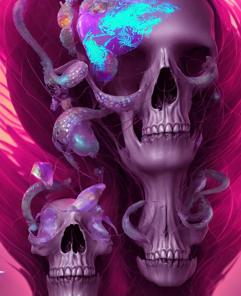 Prompt: goddess close - up portrait human skull, ram skull, squid phoenix jellyfish, orchid, betta fish, bioluminiscent, intricate artwork by tooth wu and wlop and beeple. octane render, trending on artstation, greg rutkowski very coherent symmetrical artwork. cinematic, hyper realism, high detail, octane render, 8 k