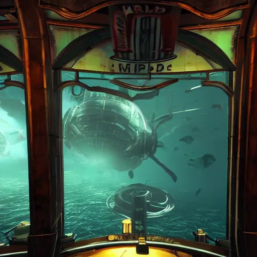 Image similar to In the world of rapture from the world of bioshock you are in a bar, there is a window that lets you see the whole city underwater and you are drinking a rum and coke