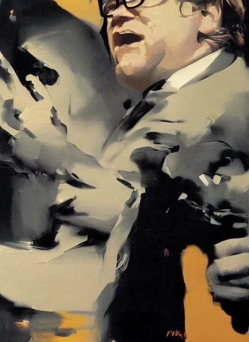 Prompt: phillip seymour hoffman, painting by phil hale, fransico goya,'action lines '!!!, graphic style, visible brushstrokes, motion blur, blurry, visible paint texture, crisp hd image