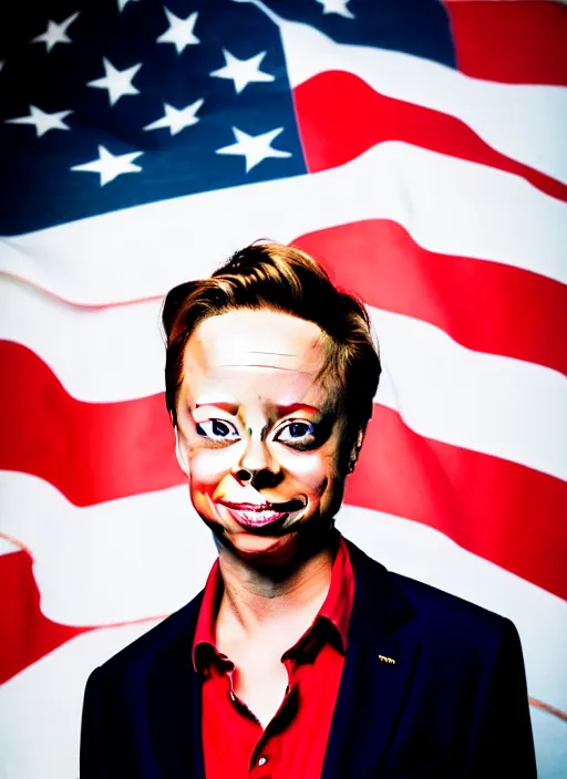 Image similar to election portrait of a person looking like brock pierce, american flag on background, cowboy style.