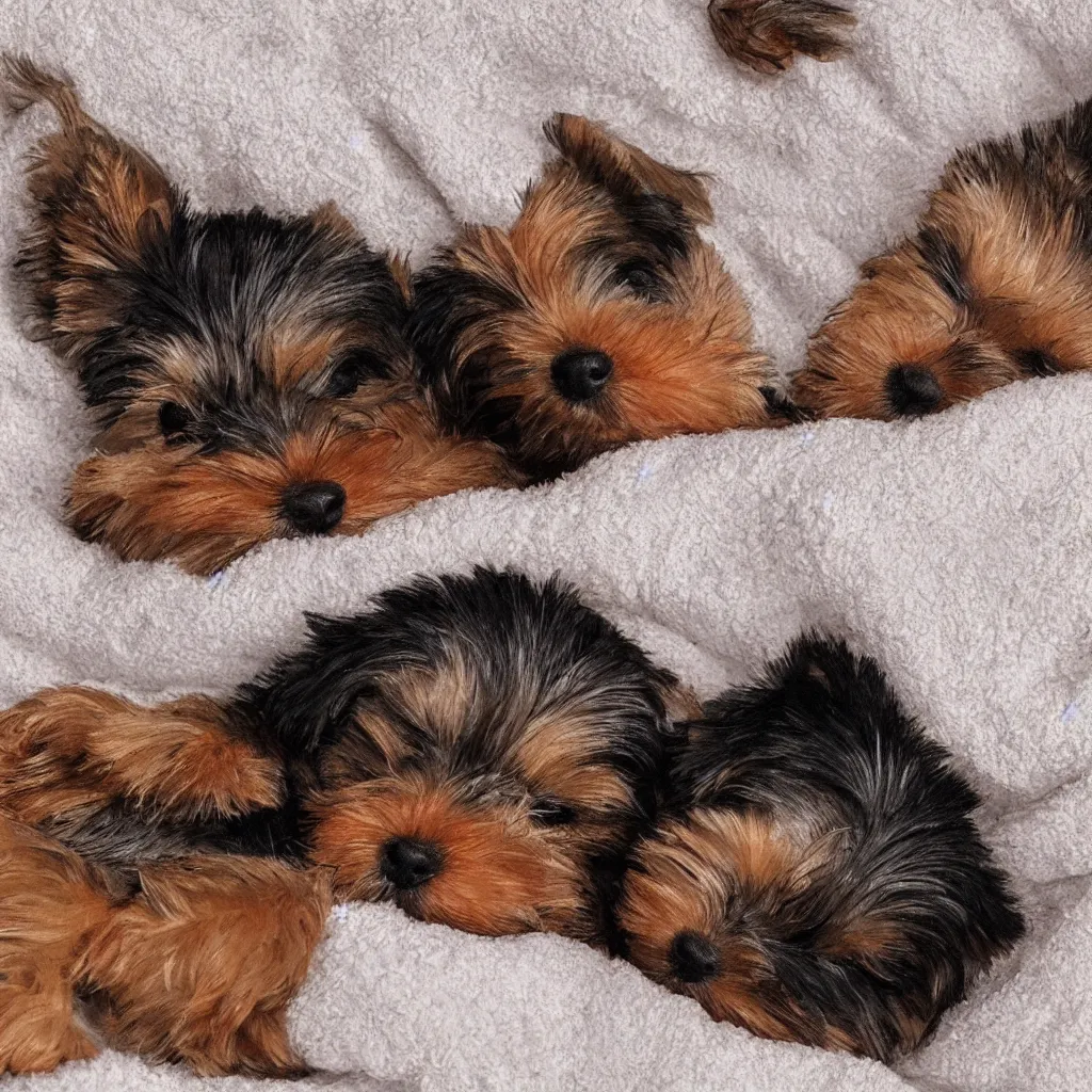 Image similar to digital painting of a cute adorable yorkie puppy sleeping on a soft blanket