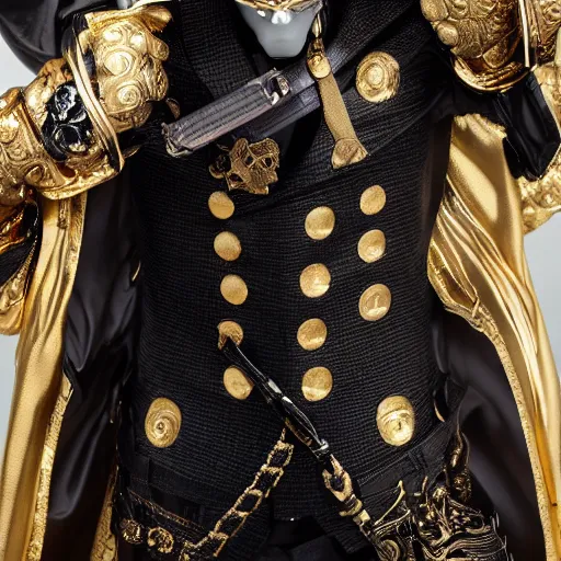Prompt: male figure with gold engraved corture mask, black oversized noble pirate trench coat，realistic, detailed, elegant, intricate, 4k, cinematic, artstation，eyes