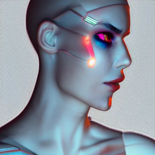 Image similar to a portrait of a female cyborg, fashion, streak lights, ligjt trail, color gel, photogtaphy, canon r 5, wide angle, white background, 3 d render, unreal engine, white suit