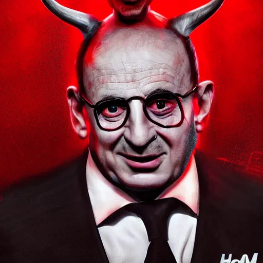 Prompt: avram glazer as the devil reincarnate, owner of manchester united football club, portrait, pure evil, devils horns, avram glazer, satan, hell, 8 k, hyperrealism, symmetry, cinematic lighting - h 1 0 2 4