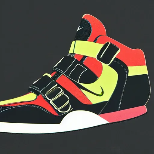 Prompt: retro futuristic Nike air trainer sneakers with straps by syd mead