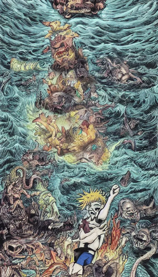 Image similar to man on boat crossing a body of water in hell with creatures in the water, sea of souls, by yoshihiro togashi