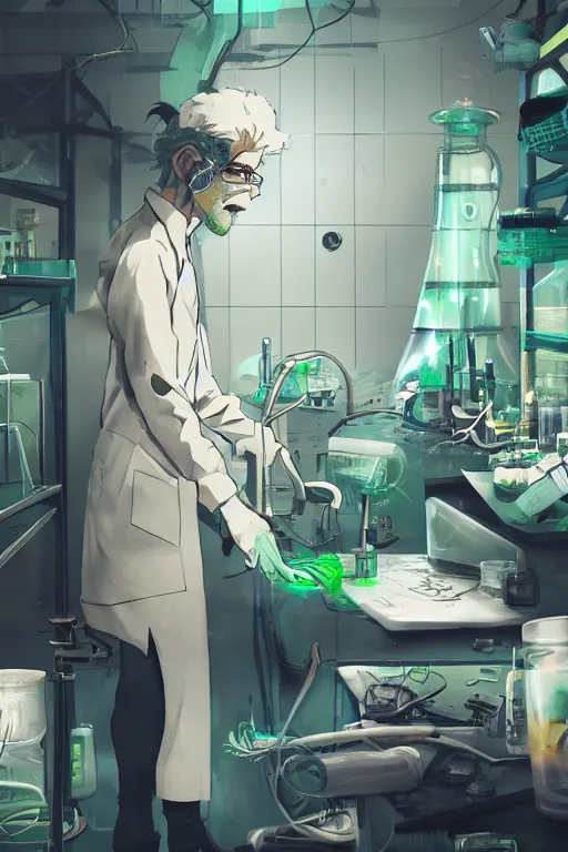 Prompt: a mad scientist mixing dangerous radioactive chemicals on a laboratory, wlop, trending on artstation, deviantart, anime key visual, official media, professional art, 8 k uhd