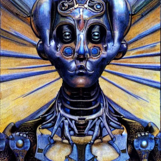 Image similar to the robot wearing the bone crown, by Annie Swynnerton and Diego Rivera, symbolist, dramatic lighting, elaborate geometric ornament, Art Brut ,god rays, soft cool colors,smooth, sharp focus, extremely detailed, Evelyn De Morgan