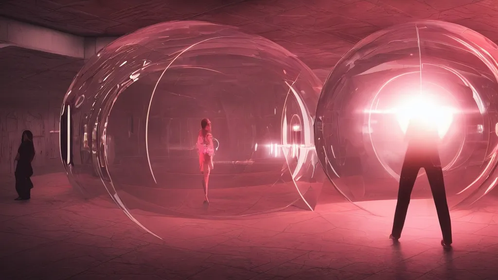 Image similar to a person inside a futuristic forcefield bubble, in an underground laboratory, emissive light, trending on artstation, photorealistic, octane render 8 k uhd