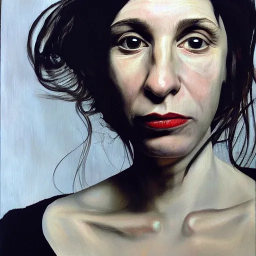 Image similar to high quality high detail painting by lucian freud, hd, portrait of pj harvey, photorealistic lighting