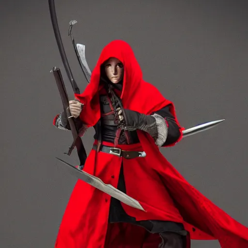 Prompt: full shot photo of red riding hood warrior with weapons
