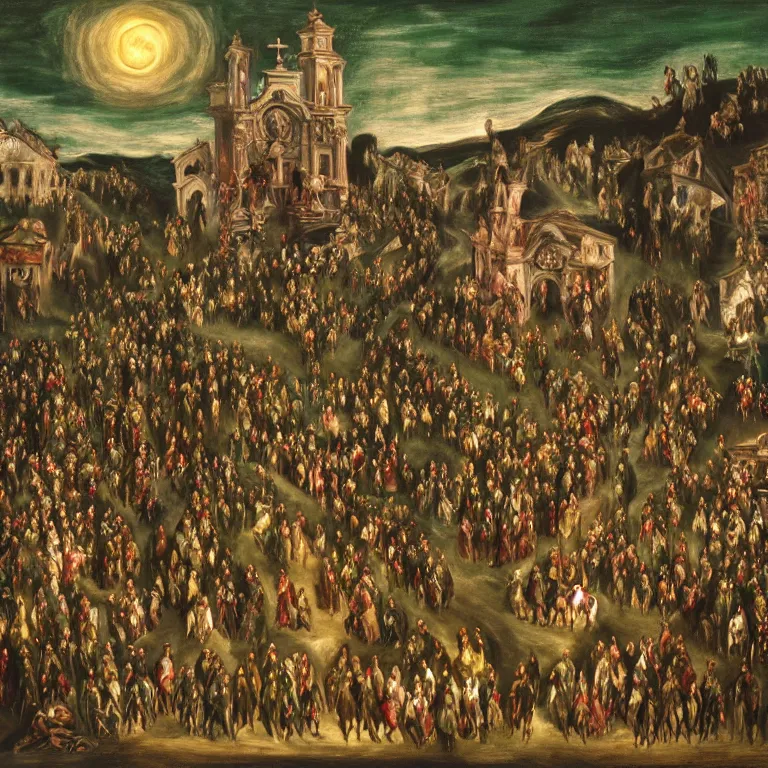 Prompt: A Holy Week procession of souls in a Spanish green village at night. A figure at the front holds a cross, trending on artstation, highly detailed, 50mm, by El Greco, Remedios Varo y Salvador Dali.