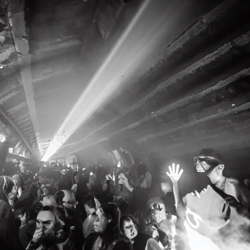 Image similar to underground party with smoke and laser system in paris catacombs, les catacombes, people dancing, dark, uv, techno, bones, underground party, photography canon