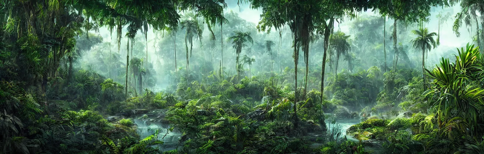 Image similar to painting of a jungle scene on an alien planet by vincent bons. ultra sharp high quality digital render. detailed. beautiful landscape. weird vegetation. water.