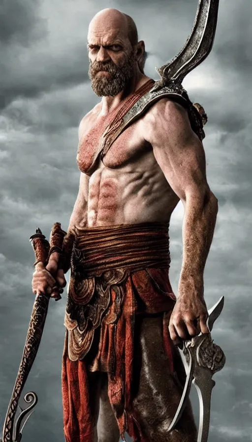 Image similar to hugh laurie as god of war, masculine, sweaty, intricate, warrior clothing and holding his great sword, hero, intricate, symmetrical features, highly - detailed,