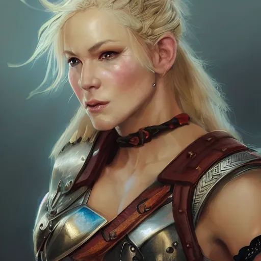 Prompt: fantasy portrait of a middle aged beautiful female barbarian warrior with blonde hair , made by Stanley Artgerm Lau, WLOP, Rossdraws, ArtStation, CGSociety, concept art, cgsociety, octane render, trending on artstation, artstationHD, artstationHQ, unreal engine, 4k, 8k,