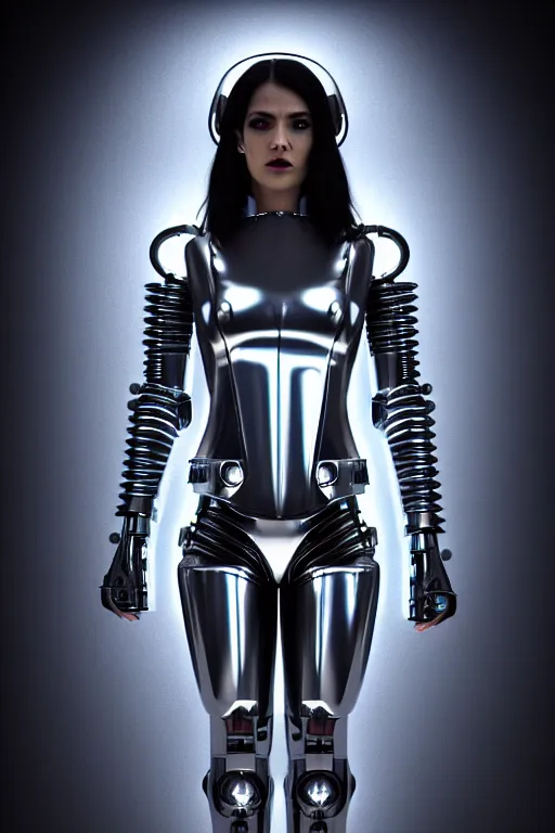 Prompt: edgy powerful female chrome futuristic cyborg with curved metal Loki horns, , full body, chrome motorcycle parts and machine abstract background, neon bar lights, 3d render, octane, 8k, volumetric lighting, hyper-realistic, dark fantasy, diffuse lighting, intricate, highly detailed, lifelike, photorealistic, digital painting, trending on artstation, smooth, sharp focus, art by John Collier and Albert Aublet and Krenz Cushart and Artem Demura and Alphonse Mucha