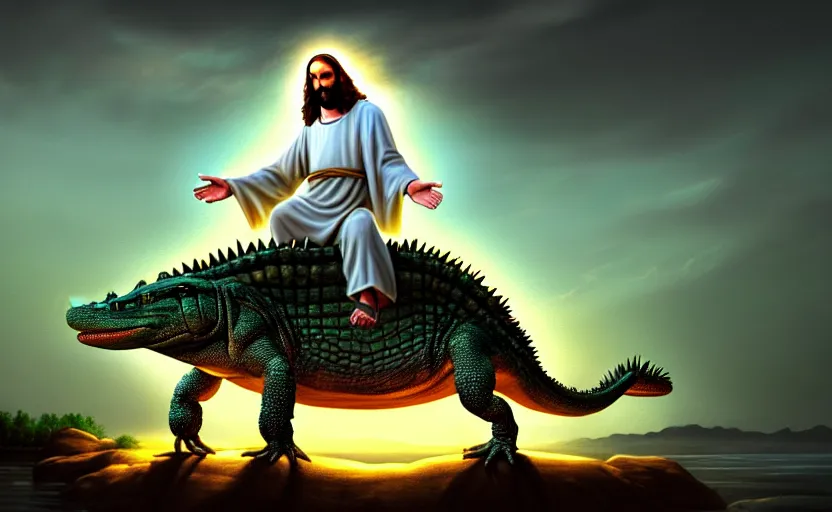 Image similar to jesus rides an aligator, cinematic, fantasy, hyper detailed, digital painting, 4 k realistic, trending on artstation, sharp focus, john banovich, photographer art wolfe, light source on left