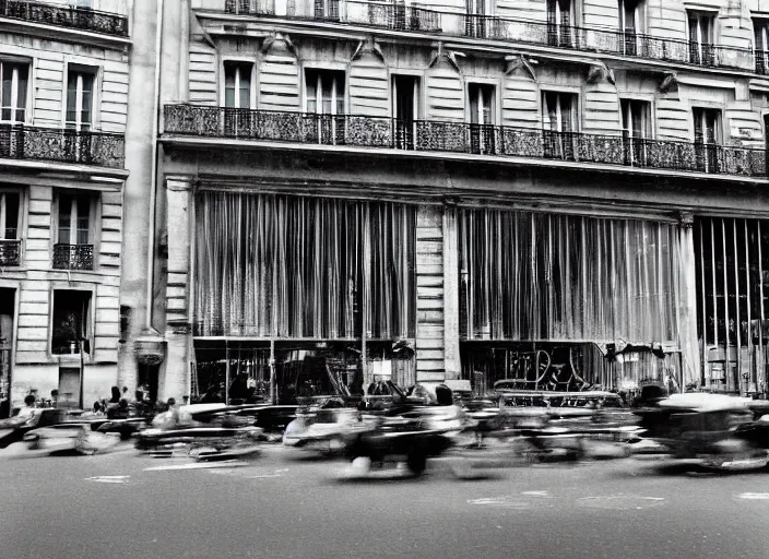 Prompt: pressure blast wave through Haussmann buildings in Paris, photograph, movie still, sharp, in focus, intricate, highly detailed, by Li Chevalier
