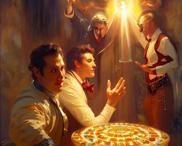 Image similar to attractive magician man, casting light magic, summoning a handsome god. highly detailed painting by gaston bussiere, craig mullins, j. c. leyendecker 8 k