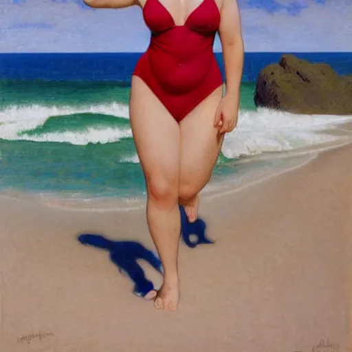 Image similar to portrait of cute 2 0 years old slightly obese courtney cox in red swimsuit running on a beach, intricate, hyperdetailed, photorealistic, diffuse lighting, hdrp, artstation, unreal 5, smooth, textless, sharp focus, art by john collier, albert aublet, krenz cushart, artem demura, alphonse mucha