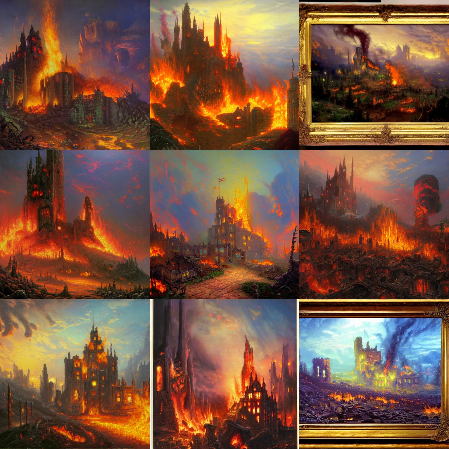 Prompt: A painting of hell on earth with the doom slayer with a burning apocalyptic castle ruins by Thomas Kinkade