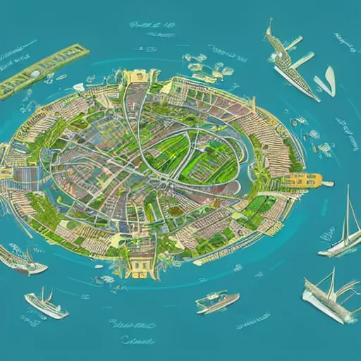 Prompt: a detailed map of a futuristic city located in an island with a lot of vegetation surrounded by water with a few flying ships stationed around it. Art Nouveau, aerial illustration