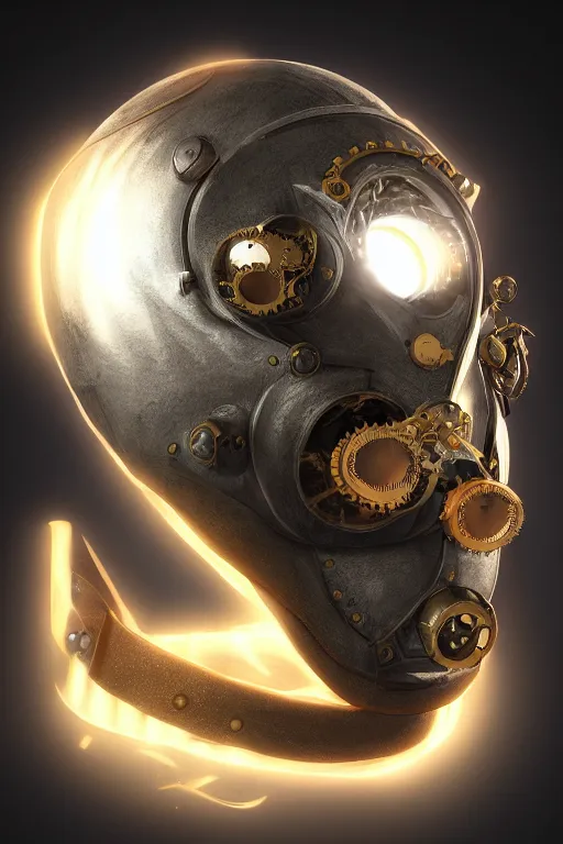 Image similar to steampunk mask minimalist fantasy art robot ninja helmet, global illumination ray tracing hdr fanart arstation by sung choi and eric pfeiffer and gabriel garza and casper konefal radiating a glowing aura