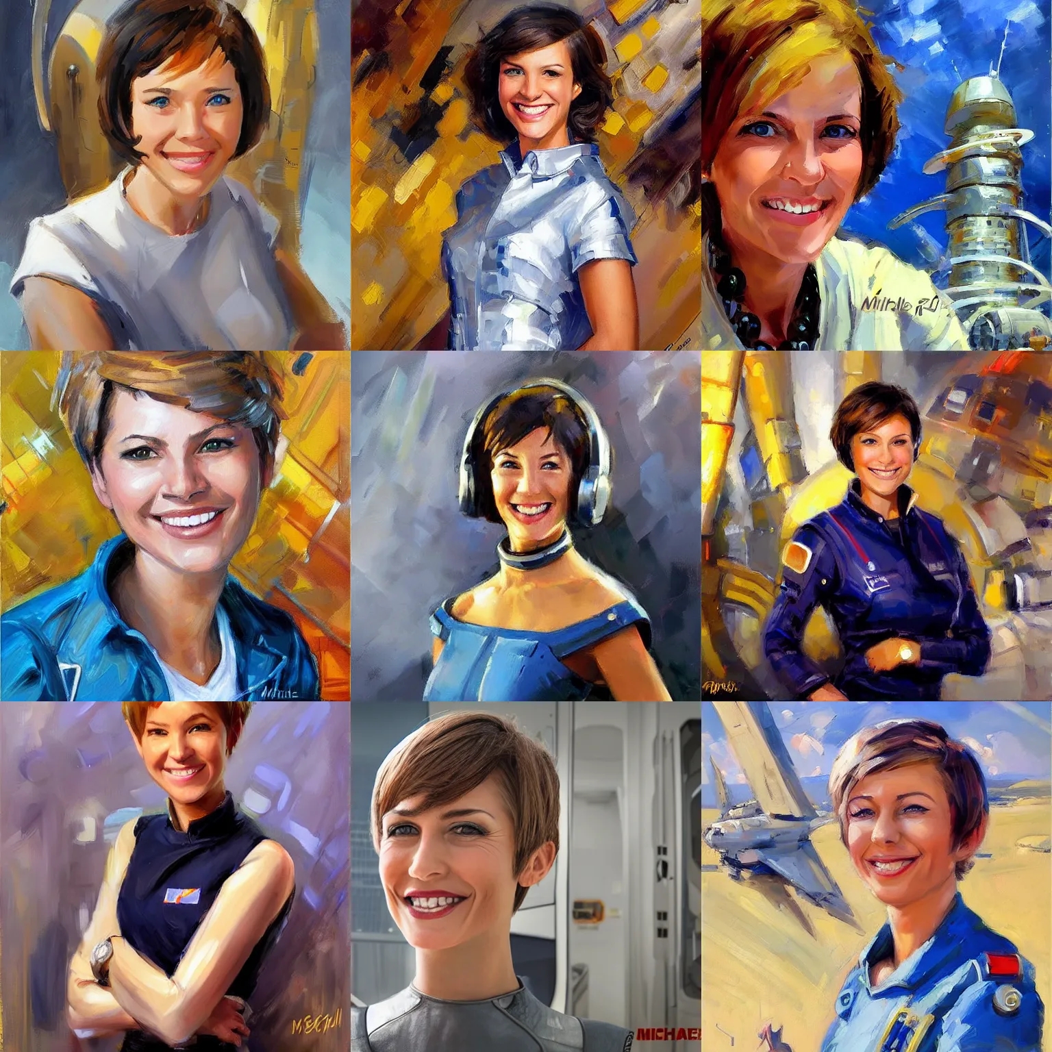 Prompt: futuristic starship engineer with short hair, female, optimistic smile, candid, sci fi character portrait by Michael Garmash