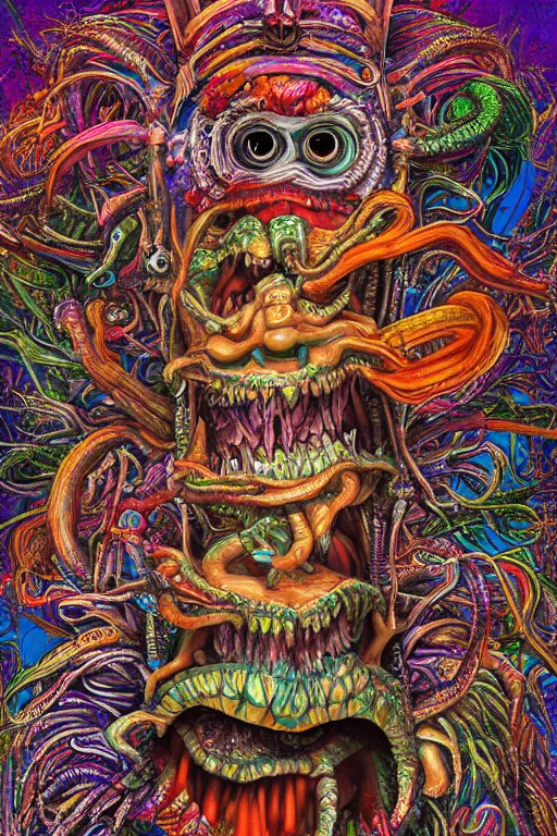 Image similar to a high detailed hyper detailed painting of a spiritual monster with dreadlocks and several eyes, pointy teeth and colorful skin with scales and strange textures, surreal psychedelic cosmic horror