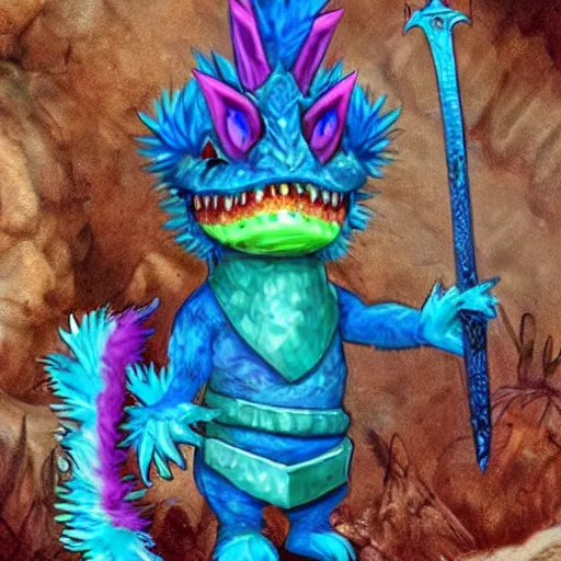 Image similar to a blue lizard warrior who is wearing a silly fluffy colorful hat, highly detailed, fantasy, dnd, wearing armor, holding a sword