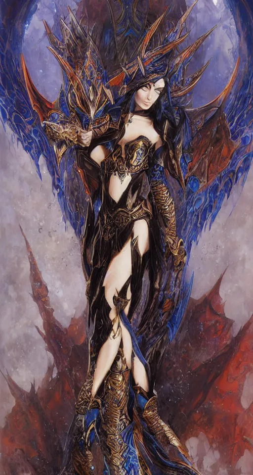 Prompt: Gothic elf princess in blue dragon armor by karol bak