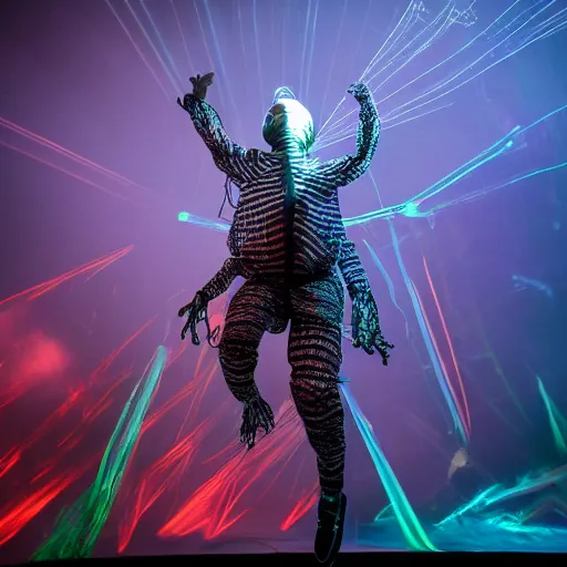 Image similar to Jumping Beetlejuice smashing computers, group of people on stage playing instruments, elaborate stage effects, dust, smoke, giant LED screens, colored projections, ultrafine detail, cybersuit, glowing thin wires, smoke, high contrast, projections, holography, volumetric lighting, cinematography by Jim Jarmusch