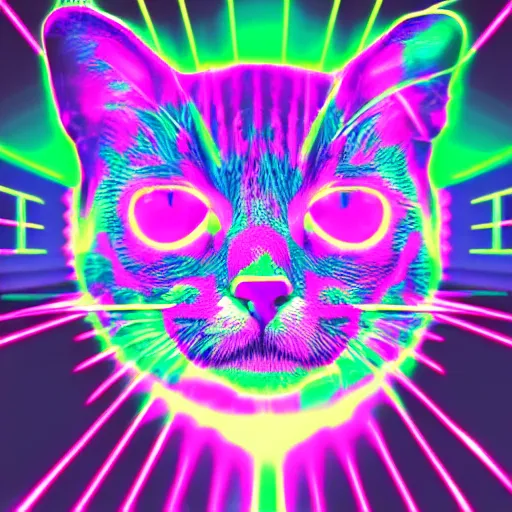 Prompt: cat head outline, laser eyes, portrait, vaporwave, synthwave, neon, vector graphics, cinematic, volumetric lighting, f 8 aperture, cinematic eastman 5 3 8 4 film, photorealistic