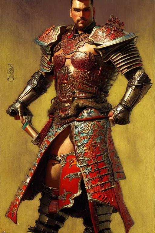 Prompt: attractive beefy male with armor, ming dynasty, character design, colorful, neon lights, painting by gaston bussiere, craig mullins, j. c. leyendecker, tom of finland