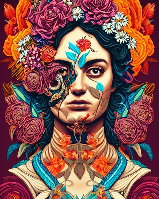 Prompt: floral priestess portrait adorned with decorative flowers and magma, tristan eaton, james jean, dan mumford