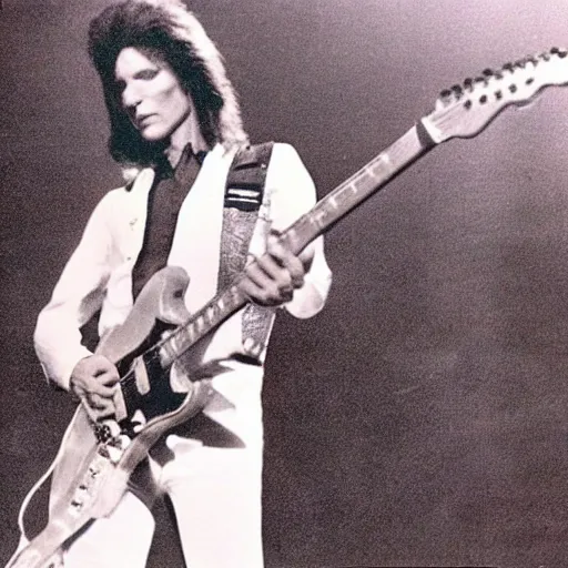 Prompt: ziggy played guitar jamming good with weird and gilly and the spiders from mars he played it left hand but made it too far became the special man then we were ziggy's band, inspired by mario martinez